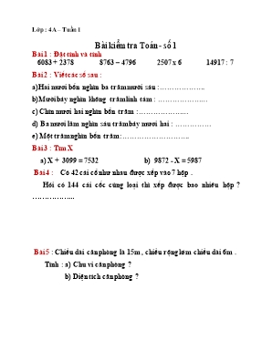 Bài kiểm tra môn Toán Lớp 4 - Đề số 1